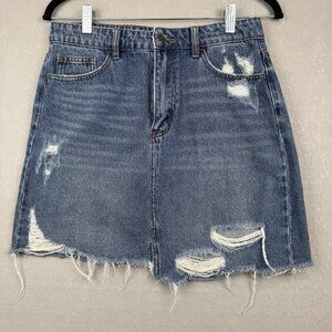 Vervet Women's Blue Claudia Distressed Raw Denim Mini Skirt Size Medium